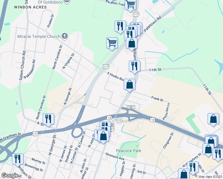 map of restaurants, bars, coffee shops, grocery stores, and more near 207 Dillard Street in Goldsboro