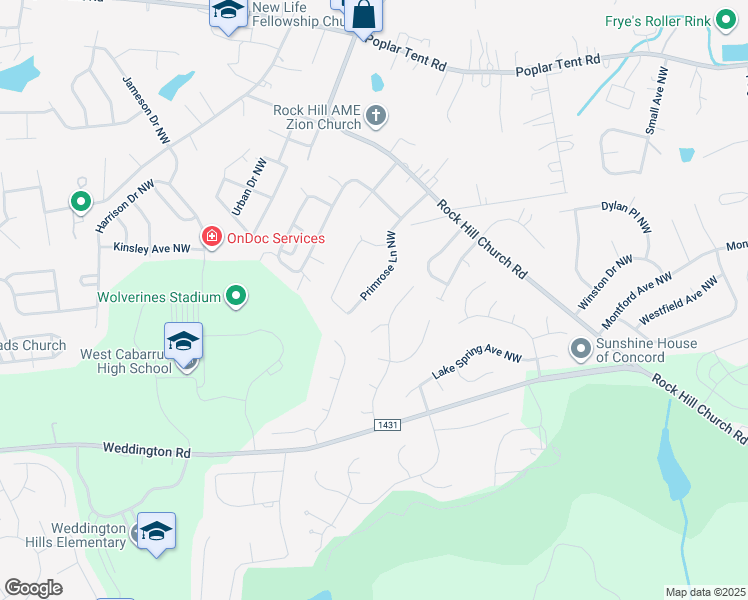 map of restaurants, bars, coffee shops, grocery stores, and more near 803 Primrose Lane Northwest in Concord