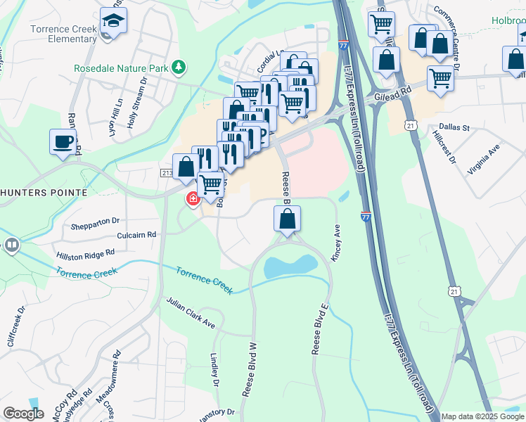map of restaurants, bars, coffee shops, grocery stores, and more near 9800 Kincey Avenue in Huntersville