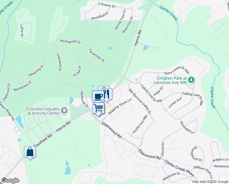 map of restaurants, bars, coffee shops, grocery stores, and more near 11005 Discovery Drive Northwest in Concord