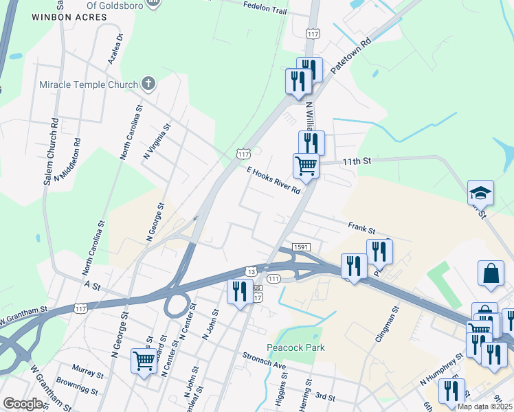 map of restaurants, bars, coffee shops, grocery stores, and more near 207 Dillard Street in Goldsboro