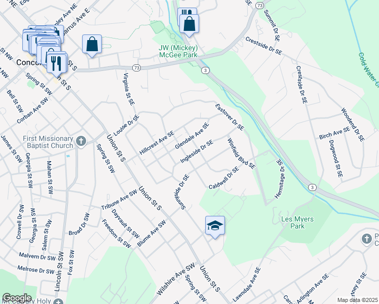 map of restaurants, bars, coffee shops, grocery stores, and more near 135 Ingleside Drive Southeast in Concord