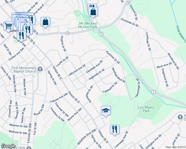 map of restaurants, bars, coffee shops, grocery stores, and more near 135 Ingleside Drive Southeast in Concord