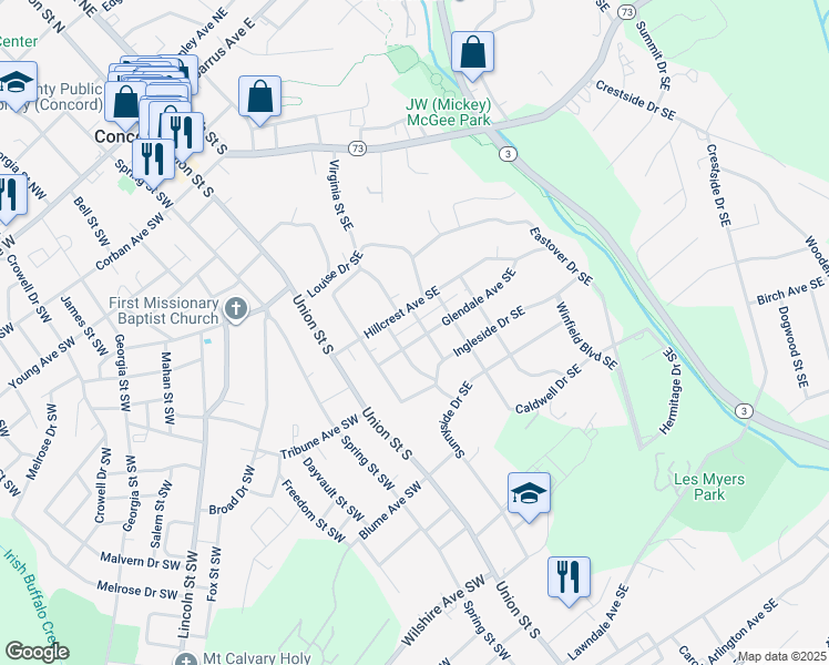 map of restaurants, bars, coffee shops, grocery stores, and more near 75 Glendale Avenue Southeast in Concord