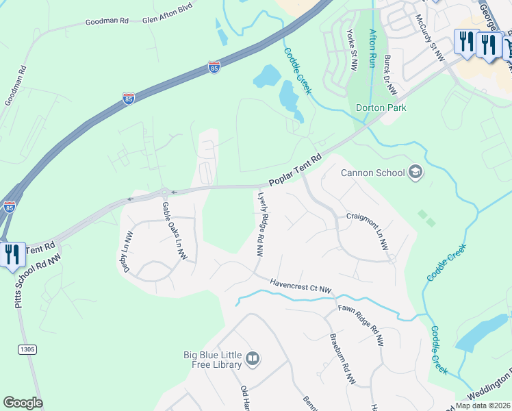 map of restaurants, bars, coffee shops, grocery stores, and more near 700 Lyerly Ridge Road Northwest in Concord