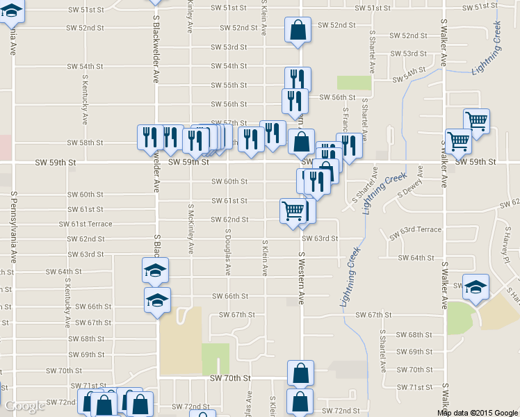 map of restaurants, bars, coffee shops, grocery stores, and more near 1009 Southwest 61st Street in Oklahoma City