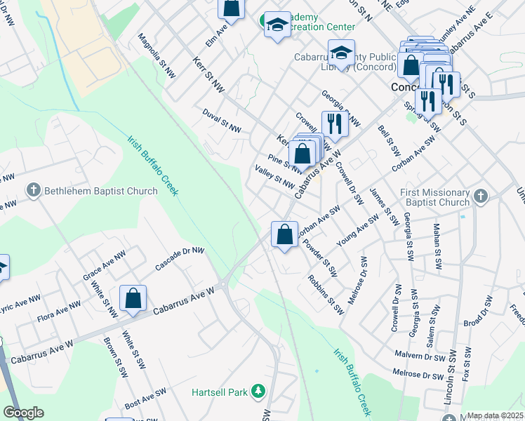 map of restaurants, bars, coffee shops, grocery stores, and more near 316 Howerton Avenue Northwest in Concord