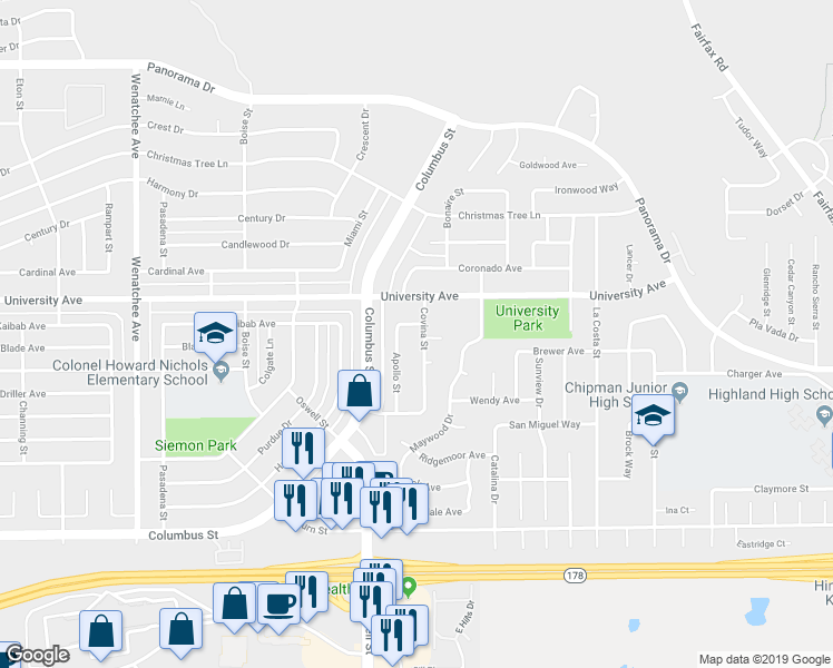 map of restaurants, bars, coffee shops, grocery stores, and more near 3312 Covina Street in Bakersfield