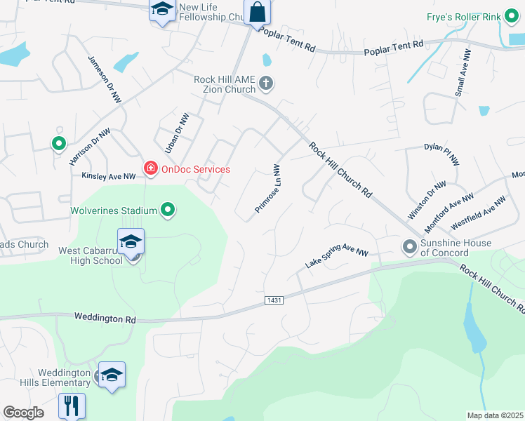 map of restaurants, bars, coffee shops, grocery stores, and more near 803 Primrose Lane Northwest in Concord