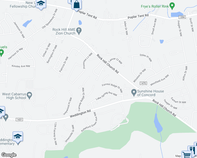 map of restaurants, bars, coffee shops, grocery stores, and more near 3365 Prescott Place Northwest in Concord