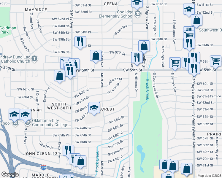 map of restaurants, bars, coffee shops, grocery stores, and more near 2630 Southwest 60th Street in Oklahoma City