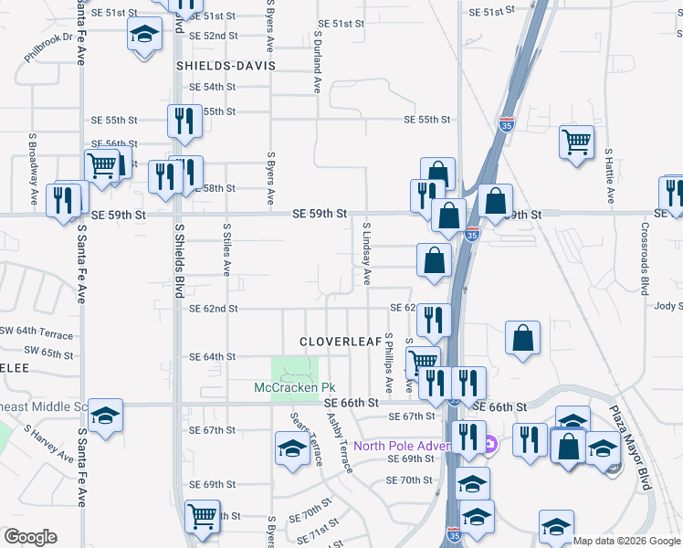map of restaurants, bars, coffee shops, grocery stores, and more near 6117 Courtyards Court in Oklahoma City