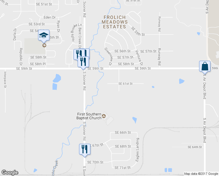 map of restaurants, bars, coffee shops, grocery stores, and more near 5700 Southeast 61st Street in Oklahoma City