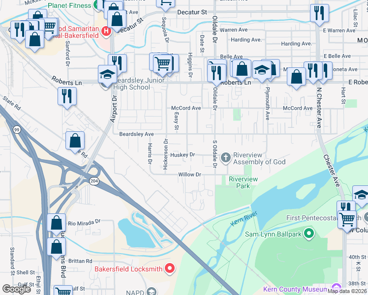 map of restaurants, bars, coffee shops, grocery stores, and more near 110 Regal Street in Bakersfield