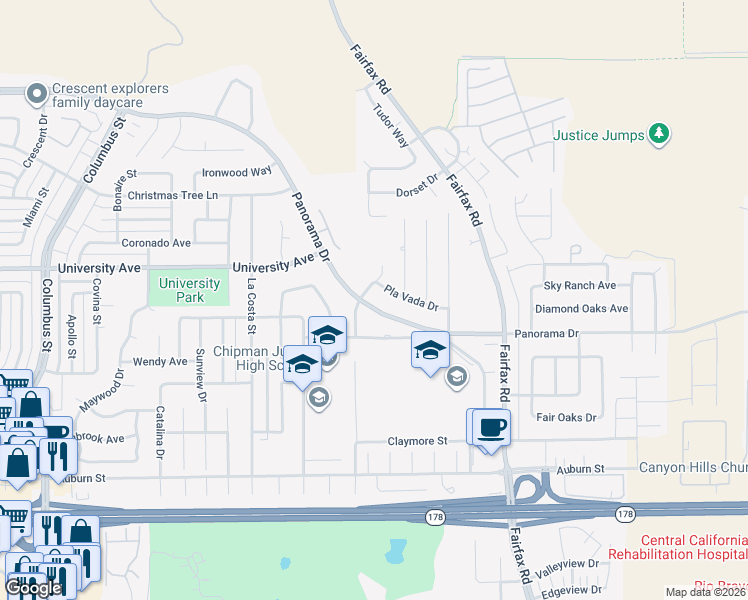 map of restaurants, bars, coffee shops, grocery stores, and more near 5104 Panorama Drive in Bakersfield
