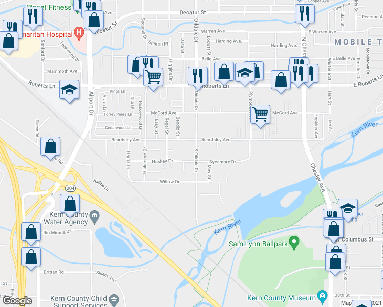 map of restaurants, bars, coffee shops, grocery stores, and more near 509 Beardsley Avenue in Bakersfield