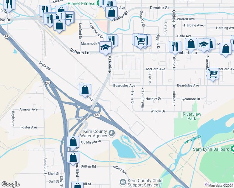map of restaurants, bars, coffee shops, grocery stores, and more near 831 Beardsley Avenue in Bakersfield