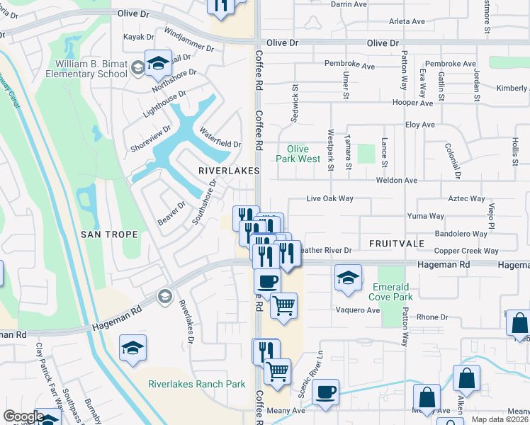 map of restaurants, bars, coffee shops, grocery stores, and more near 8103 Whitewater Drive in Bakersfield