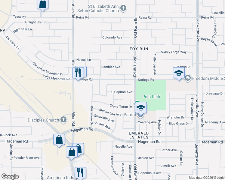 map of restaurants, bars, coffee shops, grocery stores, and more near 12409 Adirondack Avenue in Bakersfield