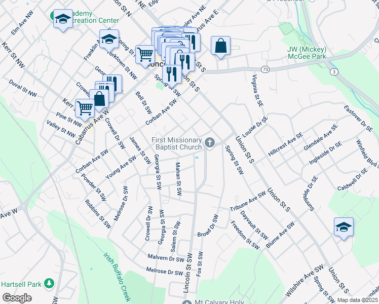 map of restaurants, bars, coffee shops, grocery stores, and more near 94 Cline Court Southwest in Concord