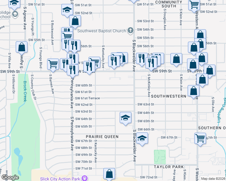 map of restaurants, bars, coffee shops, grocery stores, and more near 1400 Southwest 60th Street in Oklahoma City