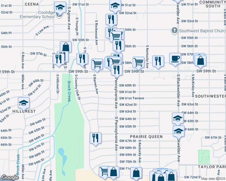 map of restaurants, bars, coffee shops, grocery stores, and more near 2100 Southwest 60th Street in Oklahoma City
