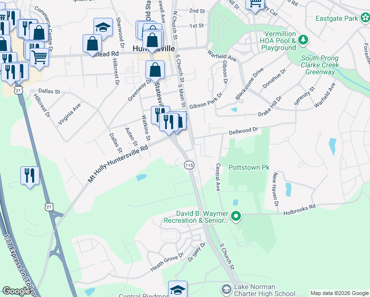 map of restaurants, bars, coffee shops, grocery stores, and more near in Huntersville