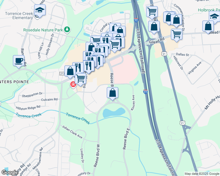 map of restaurants, bars, coffee shops, grocery stores, and more near in Huntersville