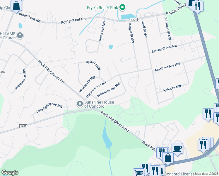 map of restaurants, bars, coffee shops, grocery stores, and more near 2848 Westfield Avenue Northwest in Concord