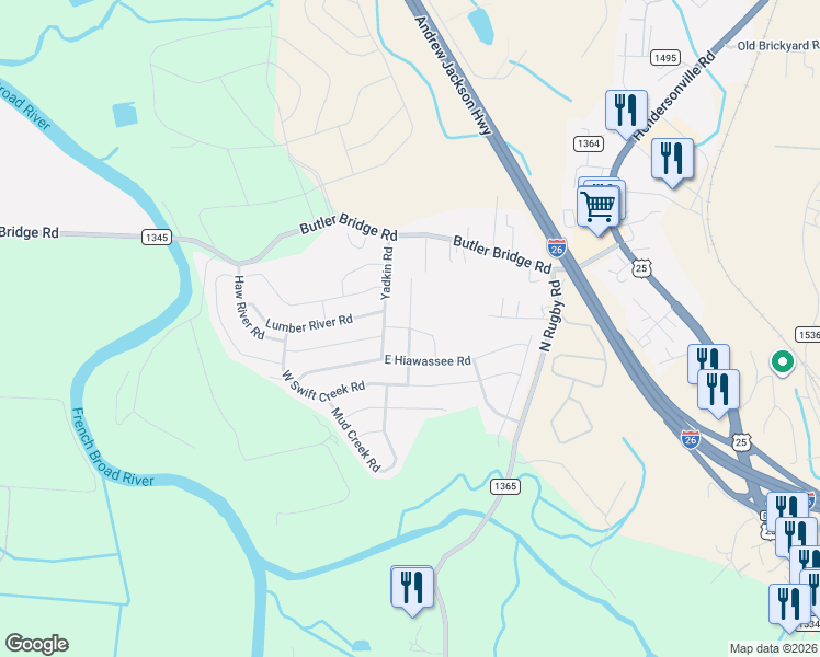 map of restaurants, bars, coffee shops, grocery stores, and more near New River Drive in Fletcher