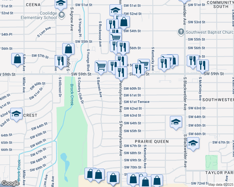 map of restaurants, bars, coffee shops, grocery stores, and more near 2100 Southwest 60th Street in Oklahoma City