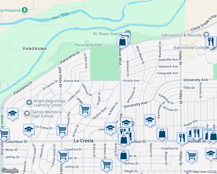 map of restaurants, bars, coffee shops, grocery stores, and more near 3151 North Inyo Street in Bakersfield