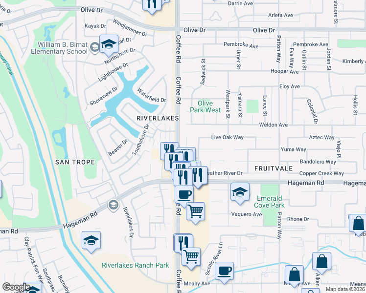 map of restaurants, bars, coffee shops, grocery stores, and more near 8103 Whitewater Drive in Bakersfield