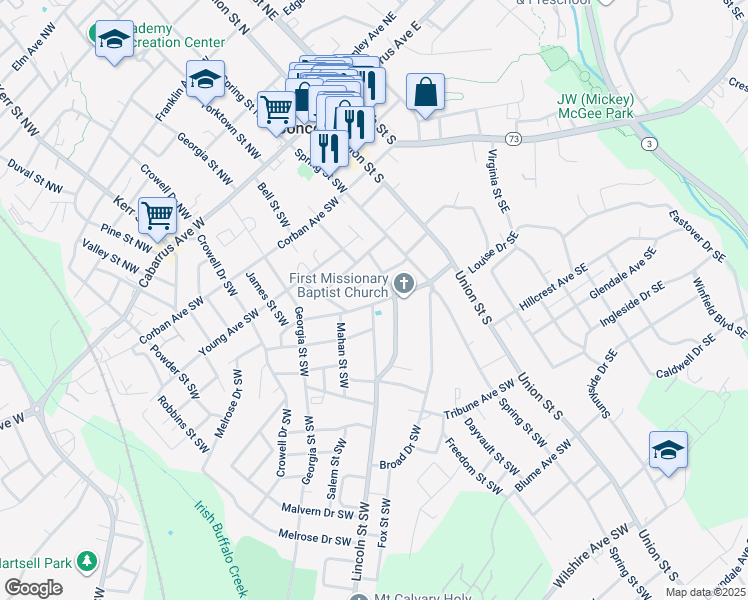 map of restaurants, bars, coffee shops, grocery stores, and more near 90 Chestnut Drive Southwest in Concord