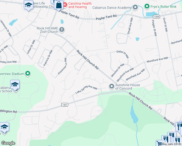 map of restaurants, bars, coffee shops, grocery stores, and more near 3251 Rock Hill Church Road in Concord