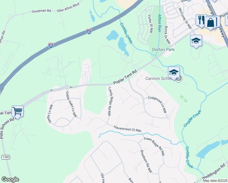 map of restaurants, bars, coffee shops, grocery stores, and more near 701 Lyerly Ridge Road Northwest in Concord