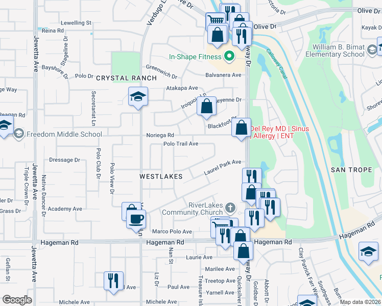 map of restaurants, bars, coffee shops, grocery stores, and more near 10103 Polo Trail Avenue in Bakersfield