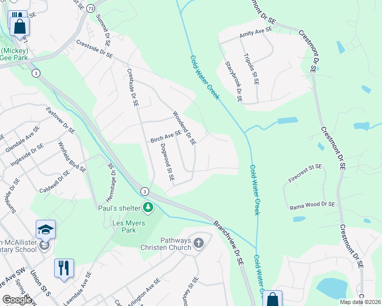 map of restaurants, bars, coffee shops, grocery stores, and more near 585 Woodend Drive Southeast in Concord