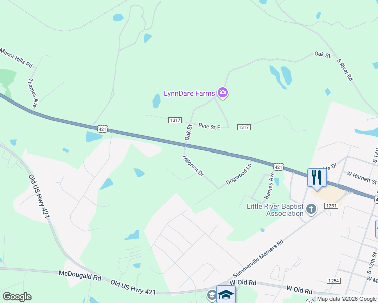 map of restaurants, bars, coffee shops, grocery stores, and more near 17 Hillcrest Drive in Lillington