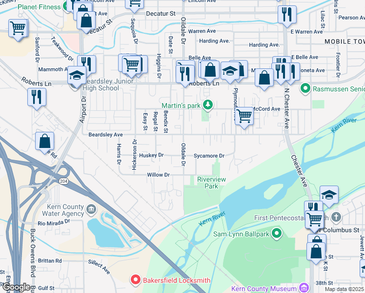 map of restaurants, bars, coffee shops, grocery stores, and more near 309 South Oildale Drive in Bakersfield
