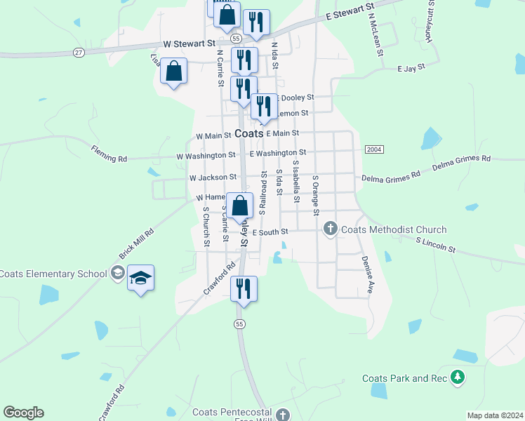 map of restaurants, bars, coffee shops, grocery stores, and more near 262 South Railroad Street in Coats