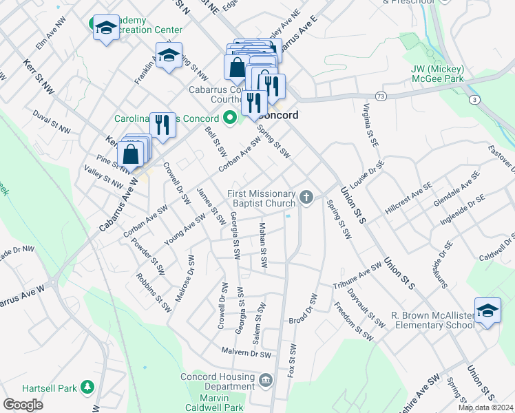 map of restaurants, bars, coffee shops, grocery stores, and more near 145 Lore Street Southwest in Concord