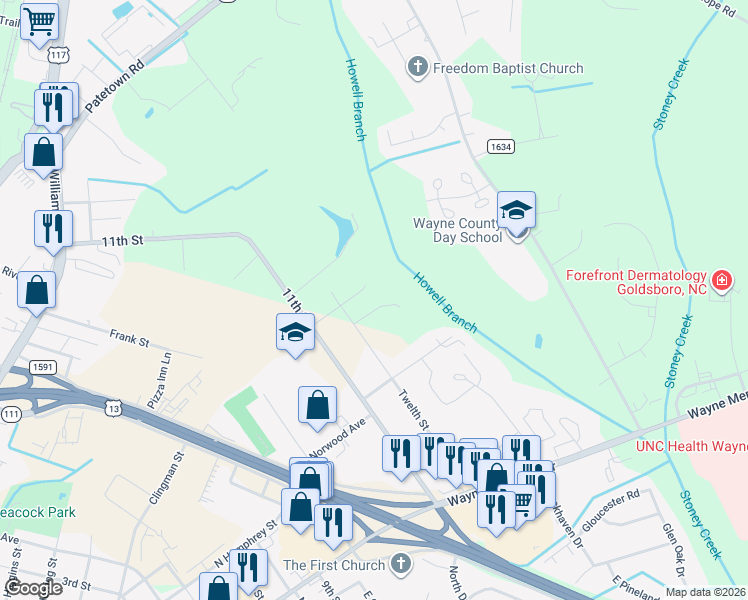 map of restaurants, bars, coffee shops, grocery stores, and more near 811 11th Street in Goldsboro