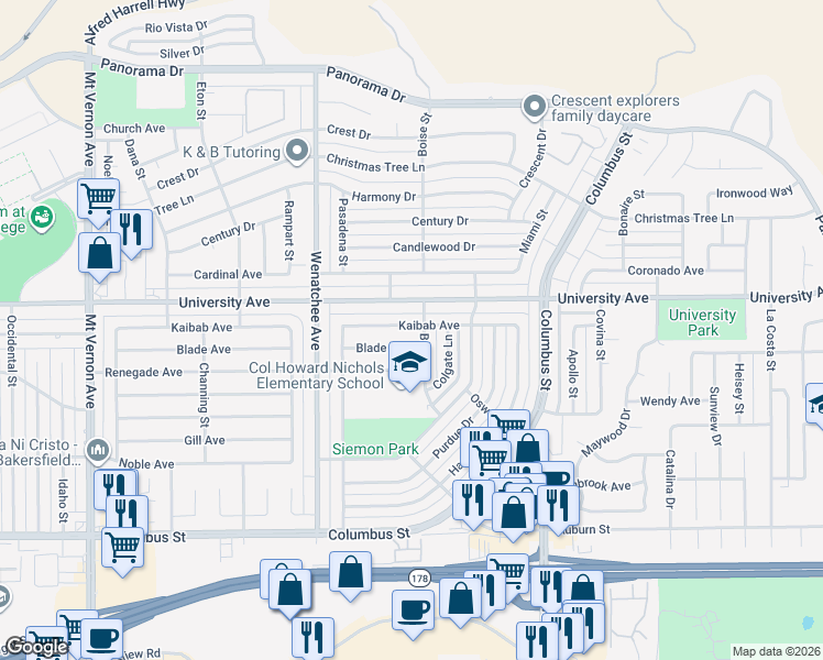 map of restaurants, bars, coffee shops, grocery stores, and more near 3500 Kaibab Avenue in Bakersfield