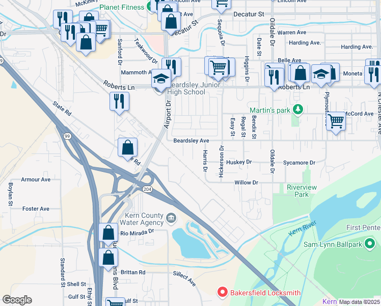 map of restaurants, bars, coffee shops, grocery stores, and more near 815 Beardsley Avenue in Bakersfield