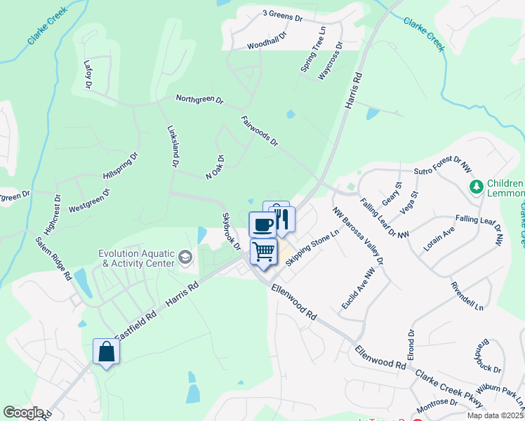 map of restaurants, bars, coffee shops, grocery stores, and more near 10822 Harris Road in Huntersville