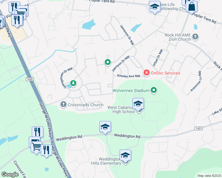 map of restaurants, bars, coffee shops, grocery stores, and more near 2569 Danbury Circle Drive Northwest in Concord