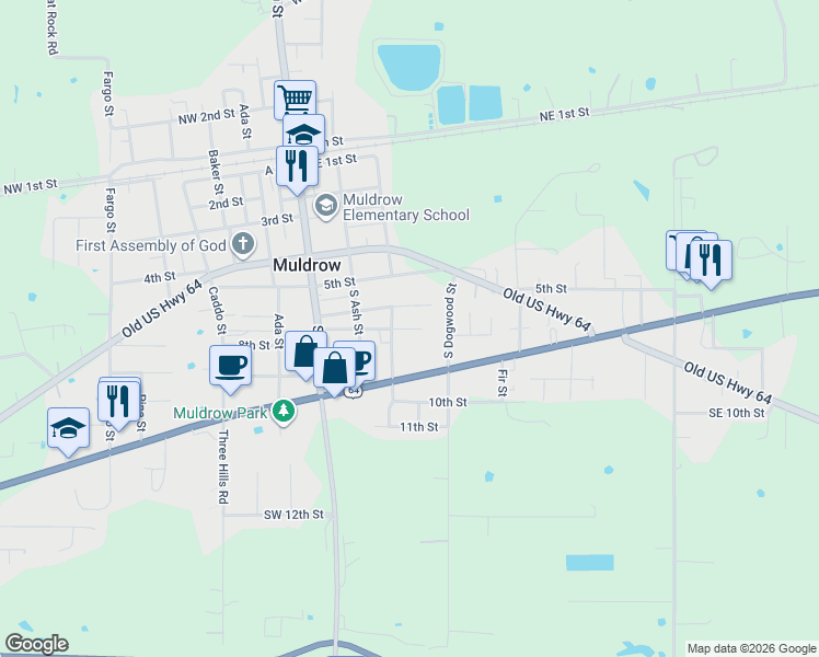 map of restaurants, bars, coffee shops, grocery stores, and more near 305 7th Street in Muldrow