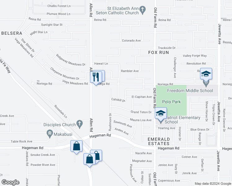 map of restaurants, bars, coffee shops, grocery stores, and more near 4813 Smokey Mountain Way in Bakersfield