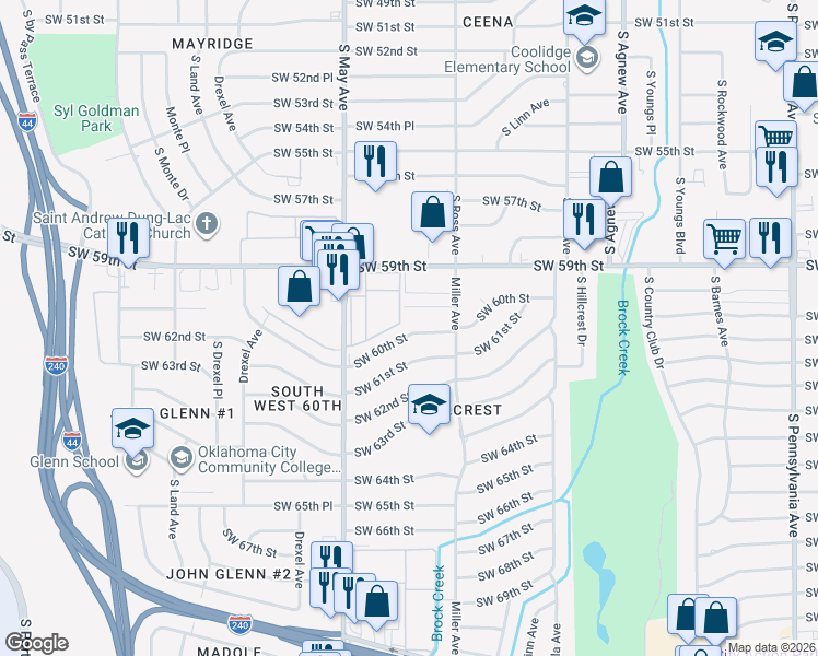 map of restaurants, bars, coffee shops, grocery stores, and more near 2737 Southwest 60th Street in Oklahoma City